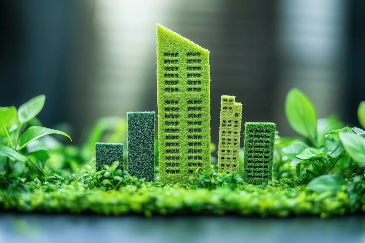 Eco-city model amidst greenery, sustainable development concept