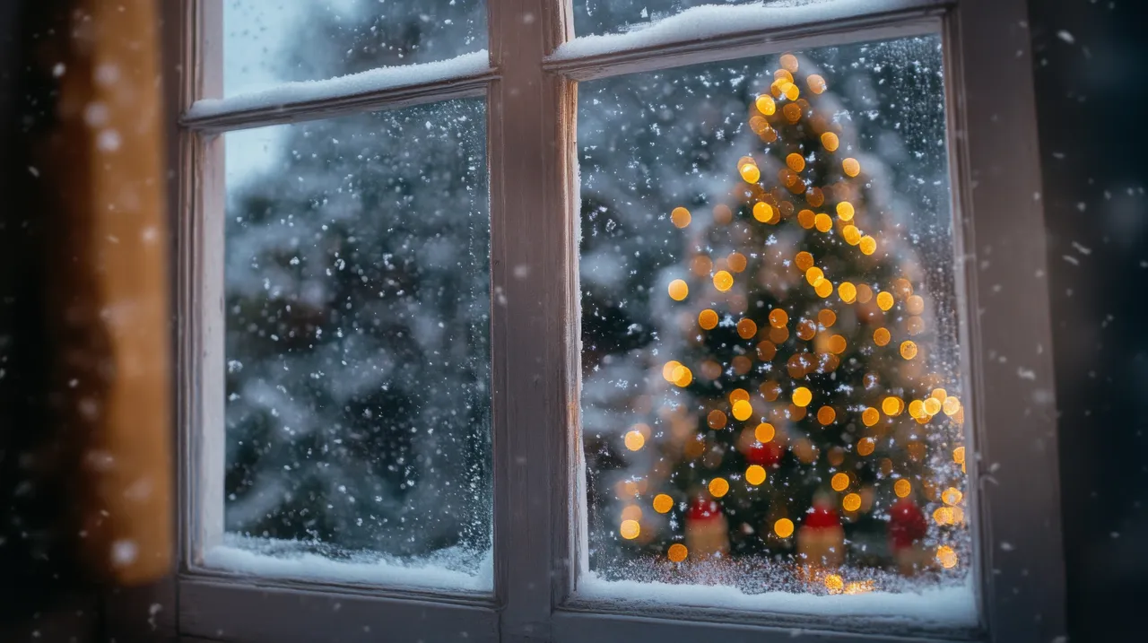 A Snowy Window View of a Christmas Tree with Lights